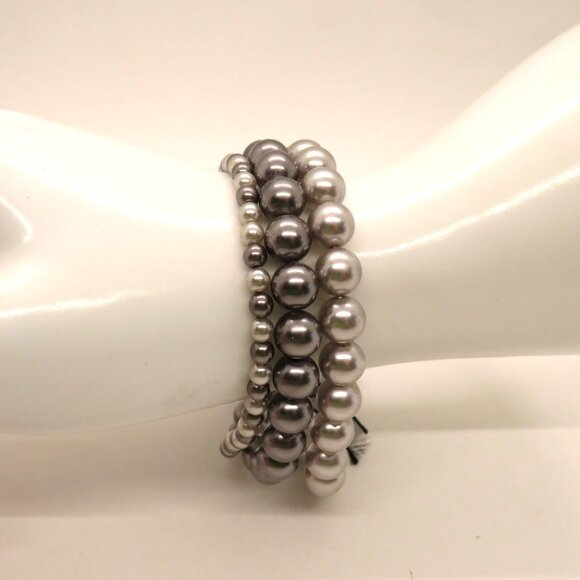 Roman RMN Bracelet Silver Gray Imitation Pearl Bead Stretch Black Bow Accent - Picture 7 of 10